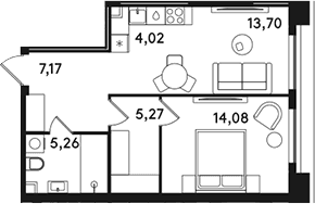 Планировка: Евродвушка 49,5 м² в ЖК «СОЛОС»