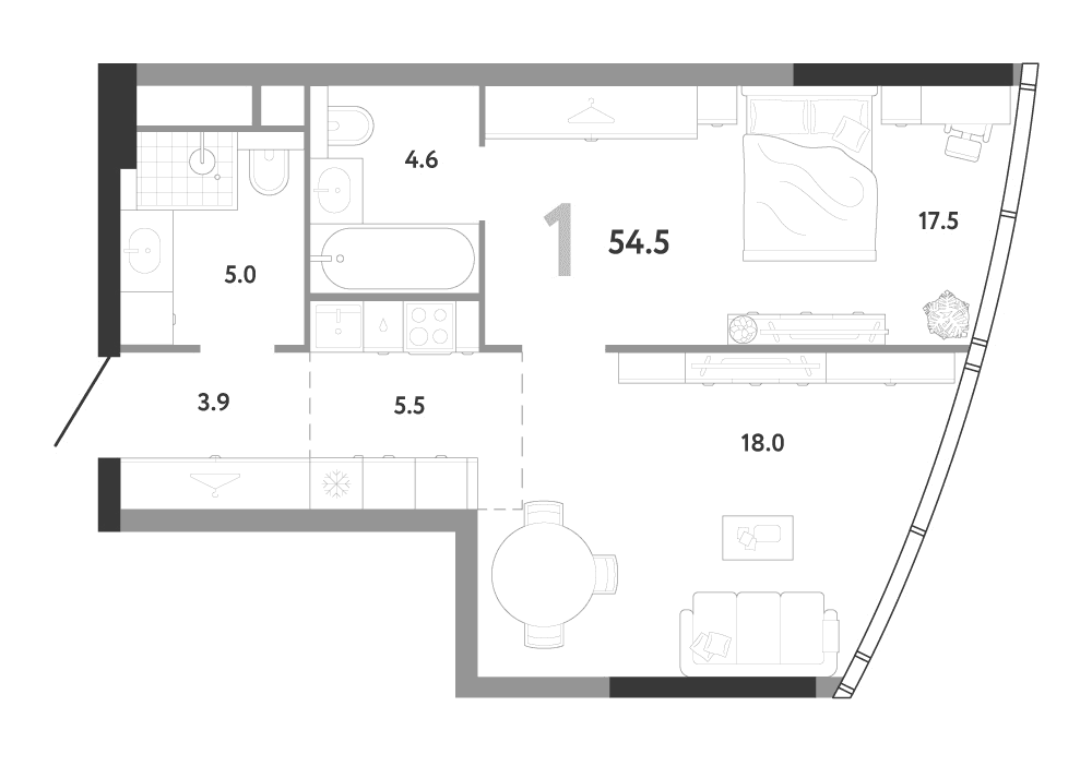 Планировка: Евродвушка 54,5 м² в ЖК «АУРУС Резиденции»