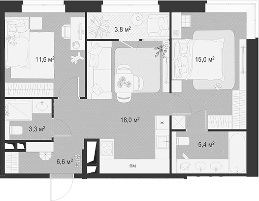 Планировка: Евротрёшка 59,9 м² в ЖК «Гранд Комфорт 3»