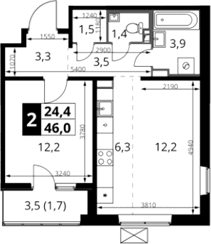 Планировка: Евродвушка 44,3 м² в ЖК «1-й Южный»