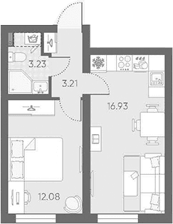 Планировка: Евродвушка 35,5 м² в ЖК «Морская миля»