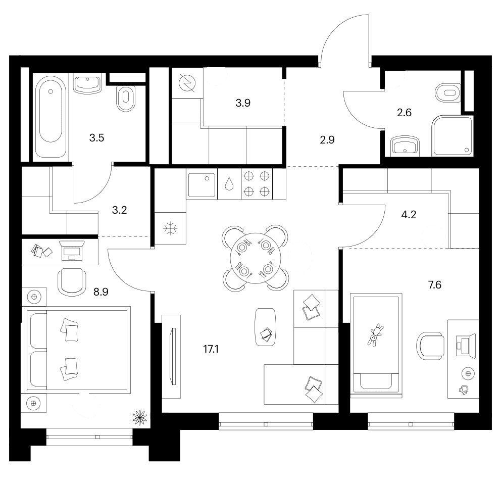 Планировка: 2-комнатная квартира 53,9 м² в ЖК «Зеленый парк»