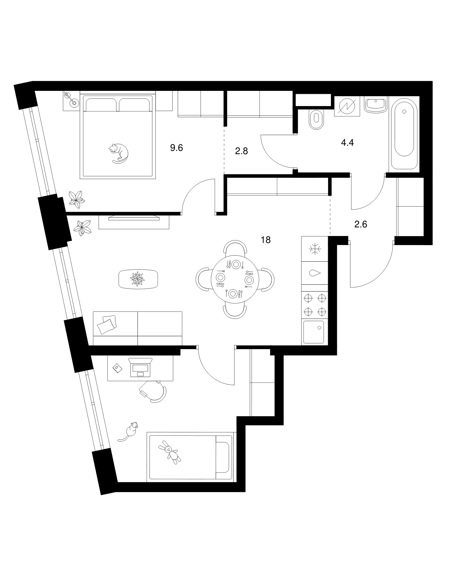 Планировка: 2-комнатная квартира 47,8 м² в ЖК «2-й Иртышский»