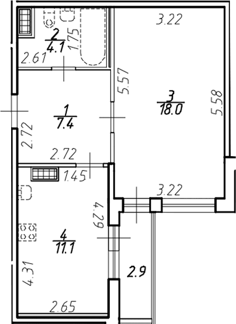 Планировка: 1-комнатная квартира 40,7 м² в ЖК «Ингрия Лэнд»