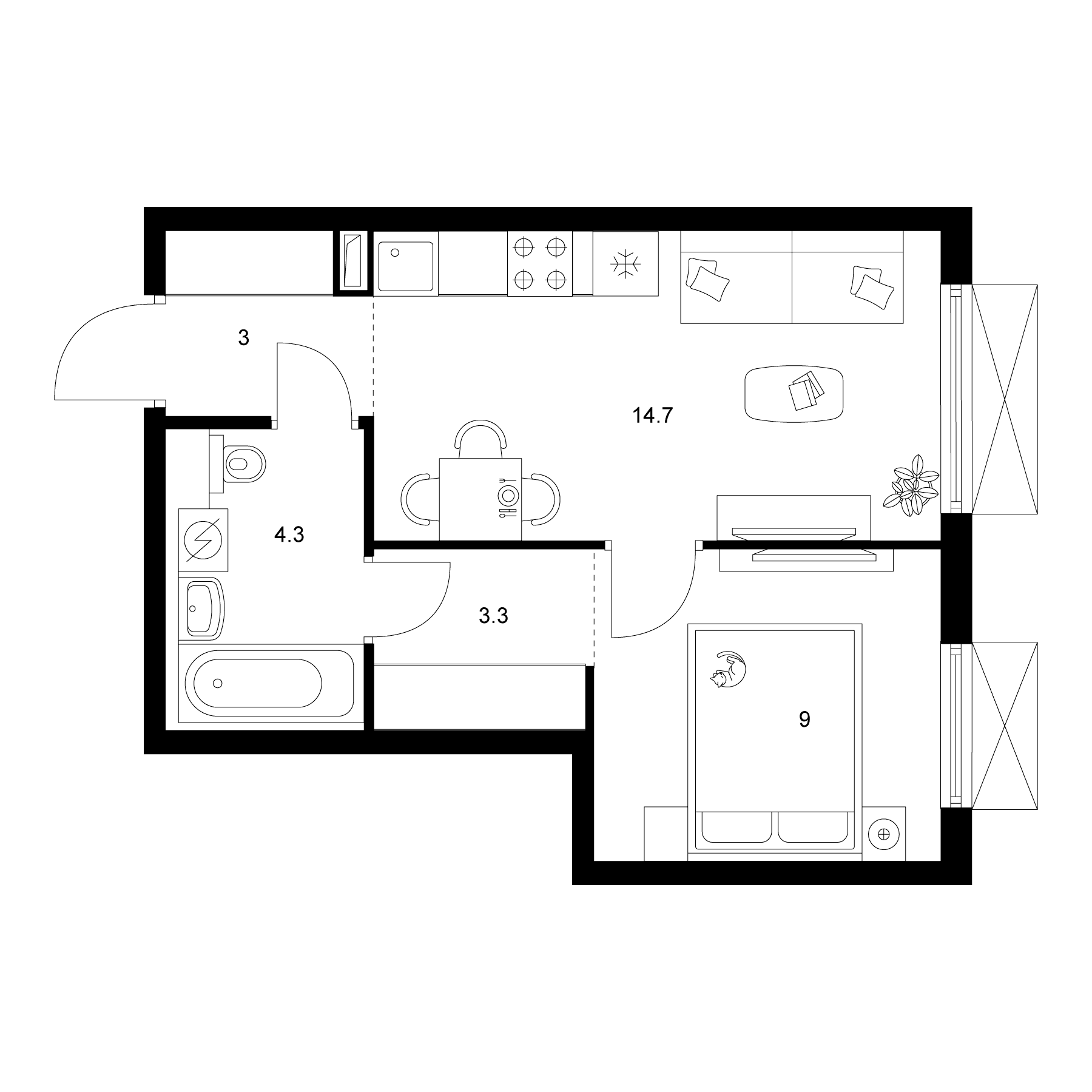 Планировка: 1-комнатная квартира 34,3 м² в ЖК «2-й Иртышский»