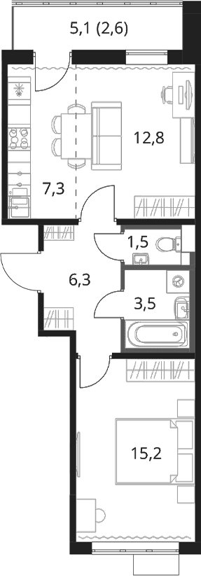 Планировка: Евродвушка 46,6 м² в ЖК «1-й Шереметьевский»