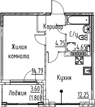 Планировка: 1-комнатная квартира 36,4 м² в ЖК «Кронфорт»
