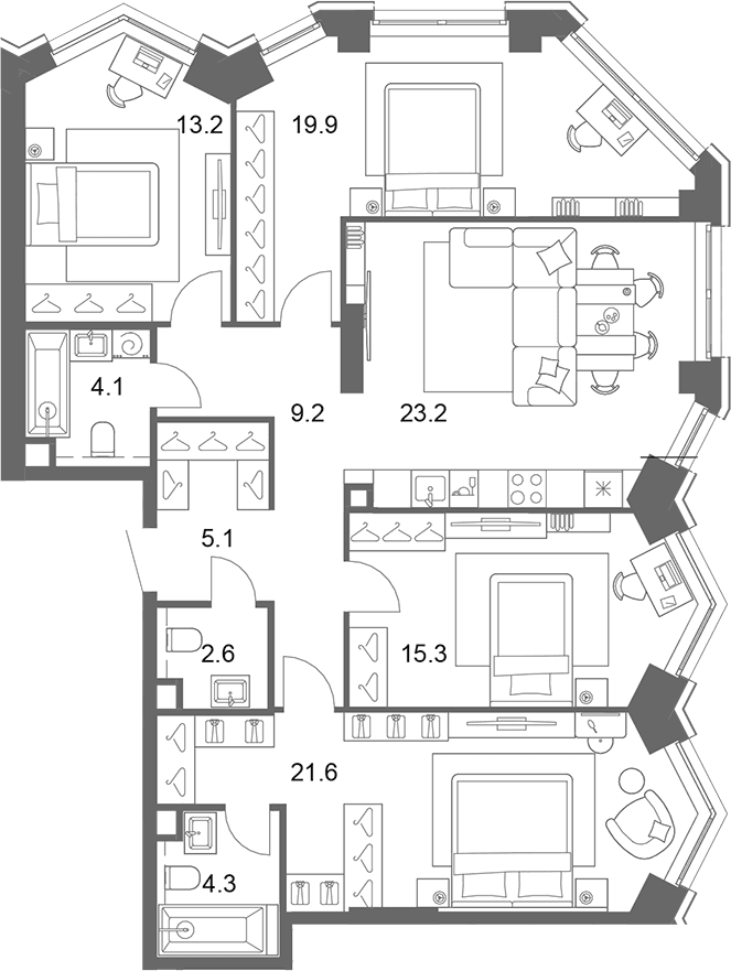 Планировка: Квартира евро-5 118,4 м² в ЖК «ОМ Ботанический»