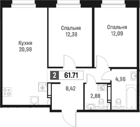 Планировка: Евротрёшка 61,7 м² в ЖК «Максималист»