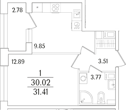 Планировка: 1-комнатная квартира 30 м² в ЖК «Аурум»