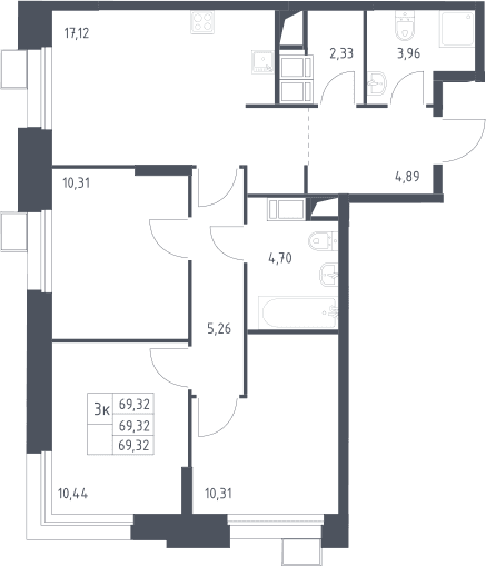Планировка: Квартира евро-4 69,3 м² в ЖК «Тропарево Парк»