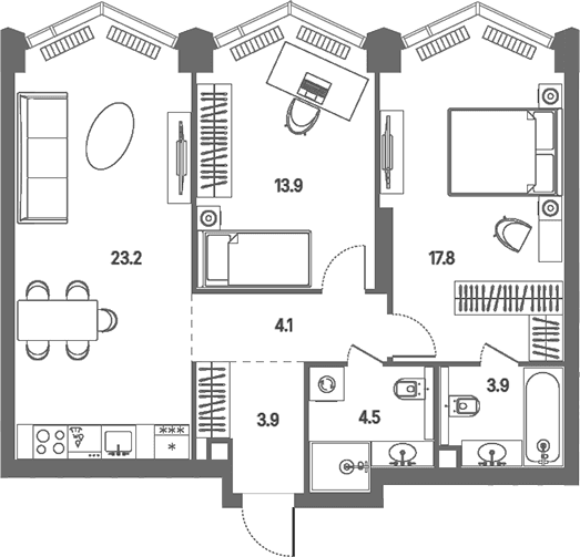 Планировка: Евротрёшка 71,3 м² в ЖК «КОД Сокольники»