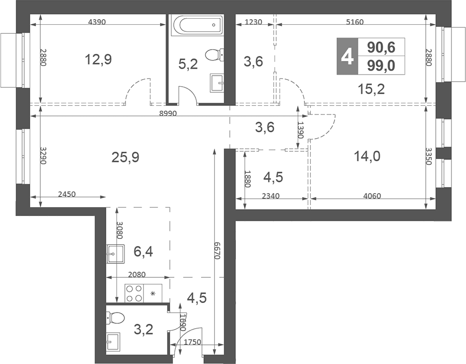 Планировка: Квартира евро-4 99 м² в ЖК «Дубровицы Клаб»