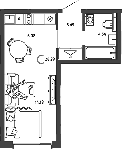 Планировка: Студия 28,3 м² в ЖК «Страна.Парковая»