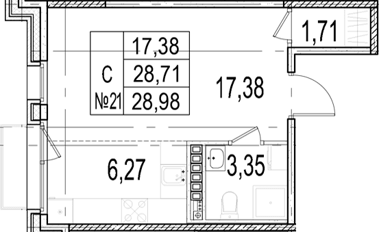 Планировка: Студия 28,7 м² в ЖК «Слобода»