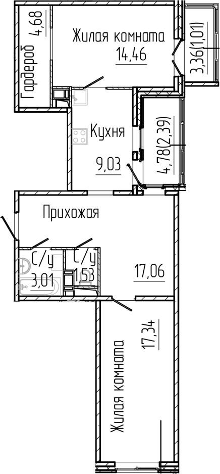 Планировка: 2-комнатная квартира 67,1 м² в ЖК «Сертолово Парк»