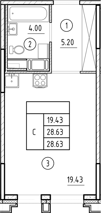 Планировка: Студия 28,6 м² в ЖК «Ассамблея»