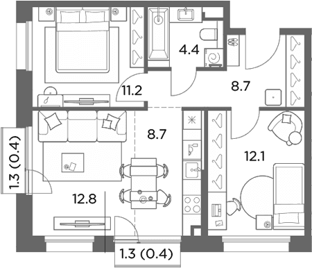 Планировка: Евротрёшка 57,9 м² в ЖК «Станиславский»
