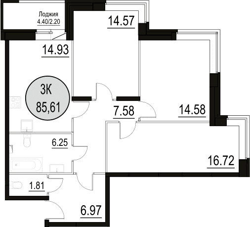 Планировка: 3-комнатная квартира 83,4 м² в ЖК «Солнечный Парк»