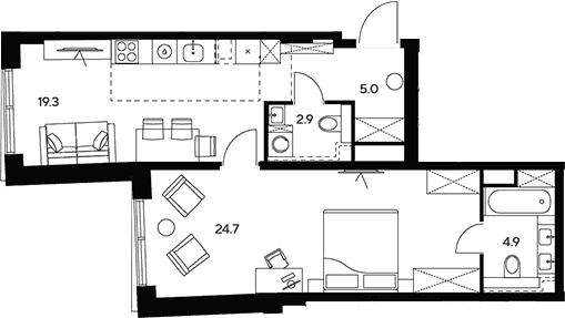 Планировка: Евродвушка 56,8 м² в ЖК «НЕКСУС от Аквилон»