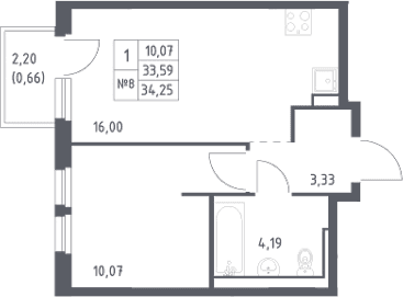 Планировка: Евродвушка 33,6 м² в ЖК «Невская Долина»