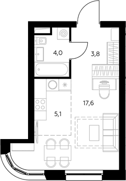 Планировка: Студия 30,7 м² в ЖК «Адмирал»