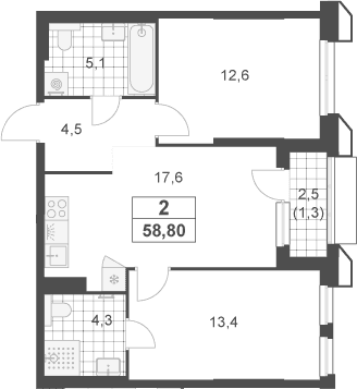 Планировка: Евротрёшка 57,5 м² в ЖК «Южные сады»