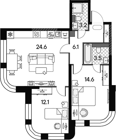 Планировка: Евротрёшка 64,1 м² в ЖК «МАРК»