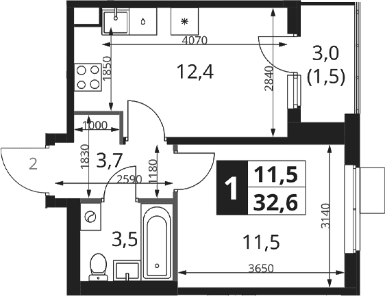 Планировка: 1-комнатная квартира 31,1 м² в ЖК «1-й Ясеневский»