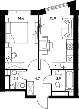 Планировка: 1-комнатная квартира 41,7 м² в ЖК «НЕКСУС от Аквилон»