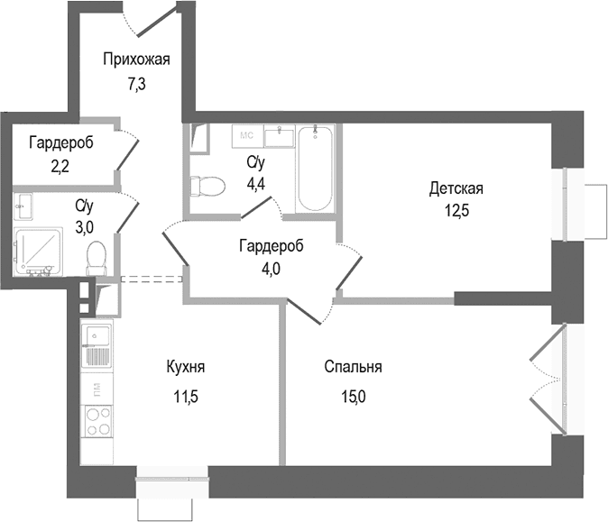 Планировка: 2-комнатная квартира 59,9 м² в ЖК «Киноквартал»