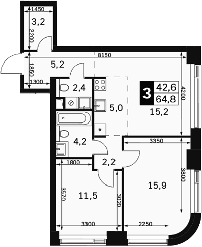 Планировка: Евротрёшка 64,8 м² в ЖК «Амбер Сити»