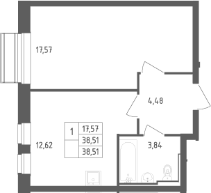 Планировка: 1-комнатная квартира 38,5 м² в ЖК «Рублевский квартал»
