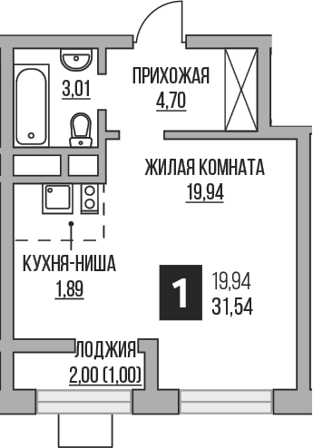 Планировка: Студия 29,5 м² в ЖК «Гранель Пехра»