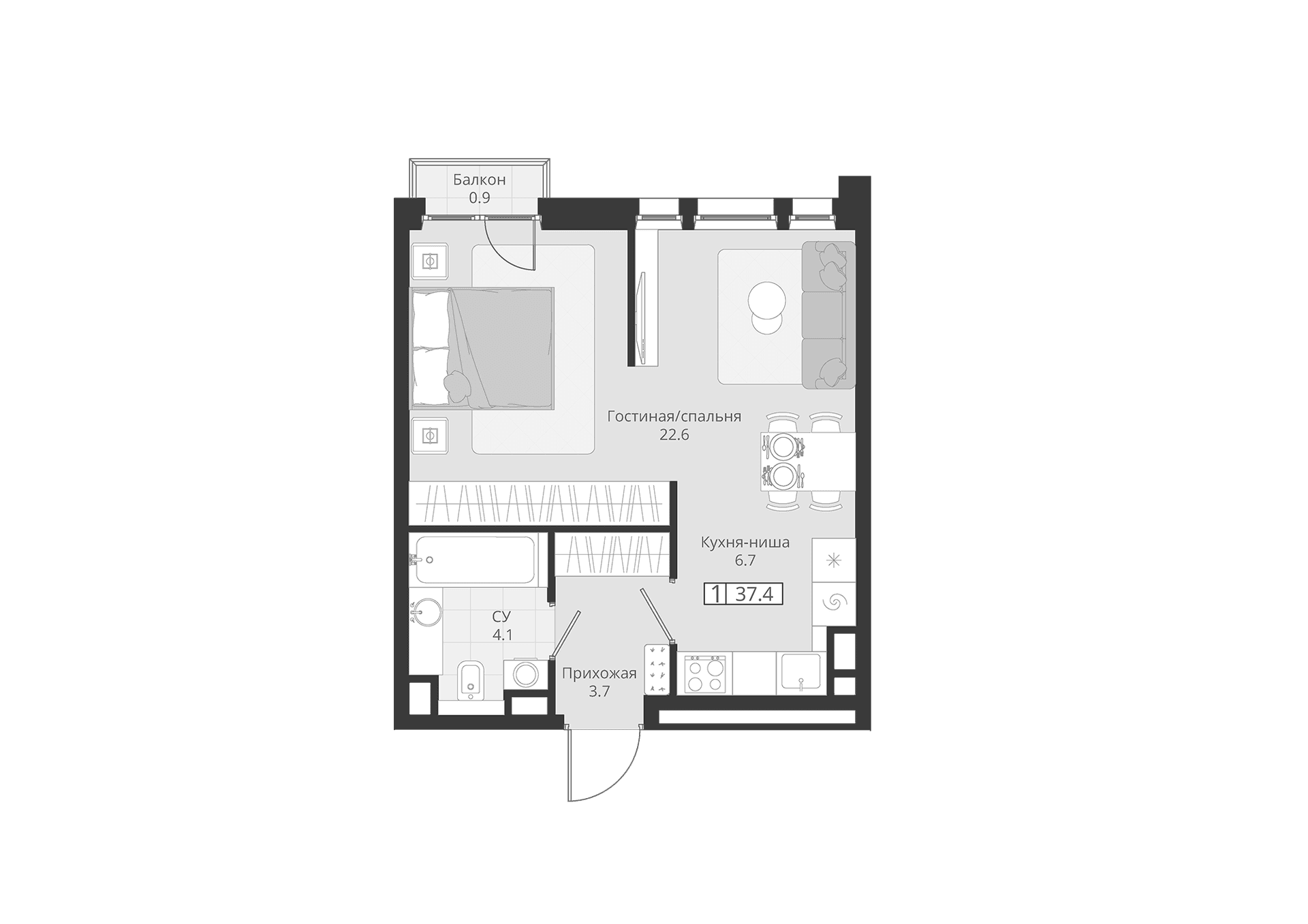 Планировка: 1-комнатная квартира 37,1 м² в ЖК «ГРЭЙ»