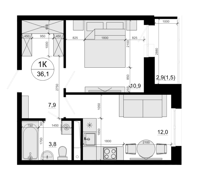 Планировка: 1-комнатная квартира 34,6 м² в ЖК «Одинцовские Кварталы Эволюция»