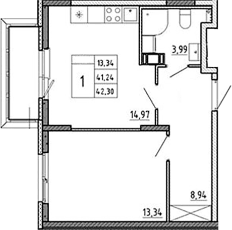 Планировка: 1-комнатная квартира 41,2 м² в ЖК «Аннино Сити»