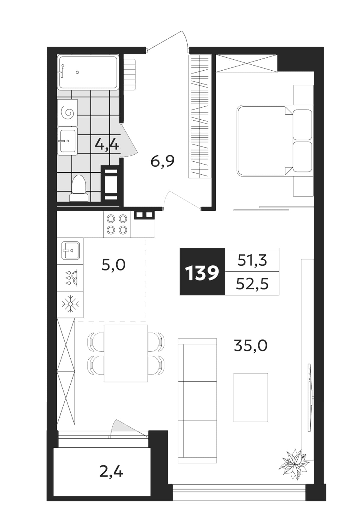 Планировка: 1-комнатная квартира 51,3 м² в ЖК «Дом на Бронницкой»