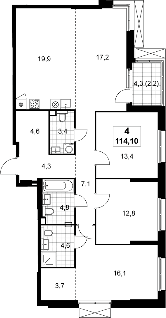 Планировка: Квартира евро-4 111,9 м² в ЖК «Дзен-кварталы»