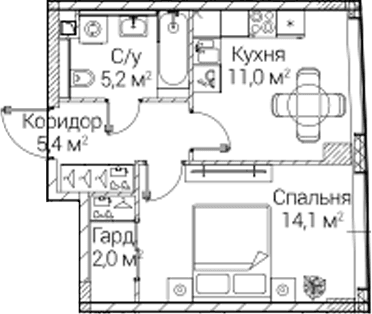Планировка: 1-комнатная квартира 37,1 м² в ЖК «СЕЗАР БУДУЩЕЕ»