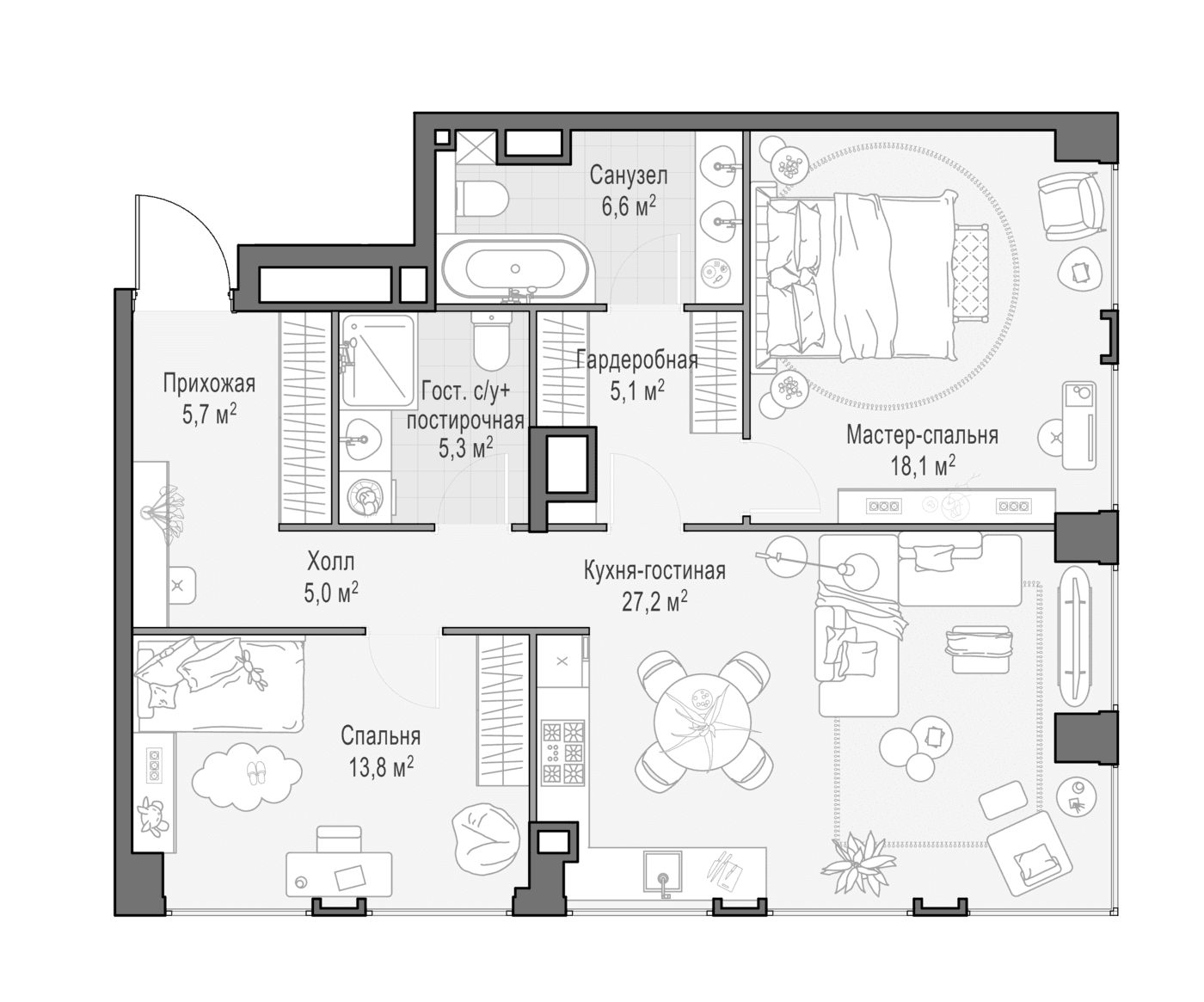 Планировка: Евротрёшка 86,9 м² в ЖК «Квартал Life Time»