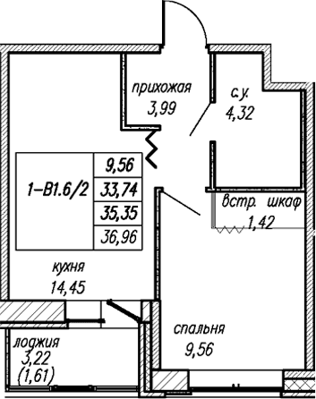 Планировка: 1-комнатная квартира 33,7 м² в ЖК «Уютный Новоселье»
