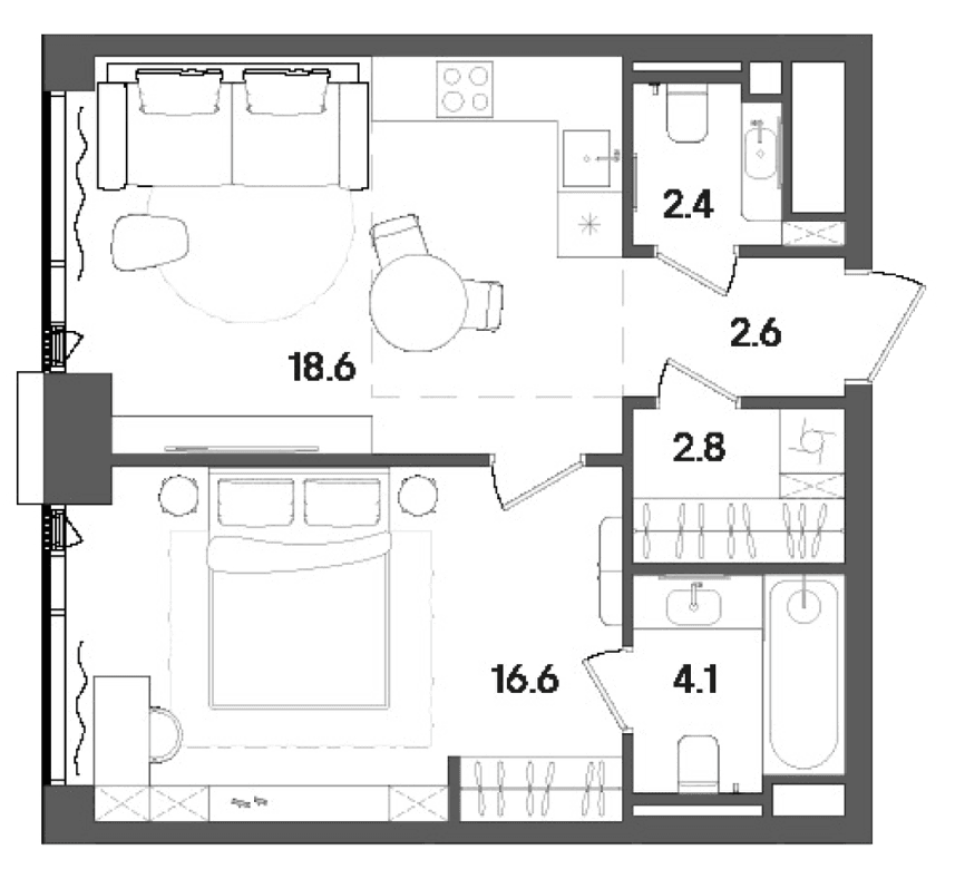 Планировка: Евродвушка 45,7 м² в ЖК «СТОУН Грэйн»