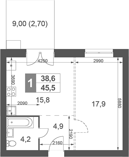 Планировка: 1-комнатная квартира 42,8 м² в ЖК «Дубровицы Клаб»