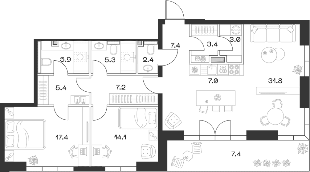 Планировка: Евротрёшка 110,3 м² в ЖК «SHIFT»