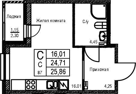 Планировка: Студия 24,7 м² в ЖК «ID Kudrovo II»