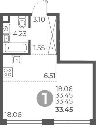 Планировка: Студия 33,5 м² в ЖК «Мневники от Гранель»