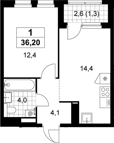 Планировка: 1-комнатная квартира 34,9 м² в ЖК «Деснаречье»