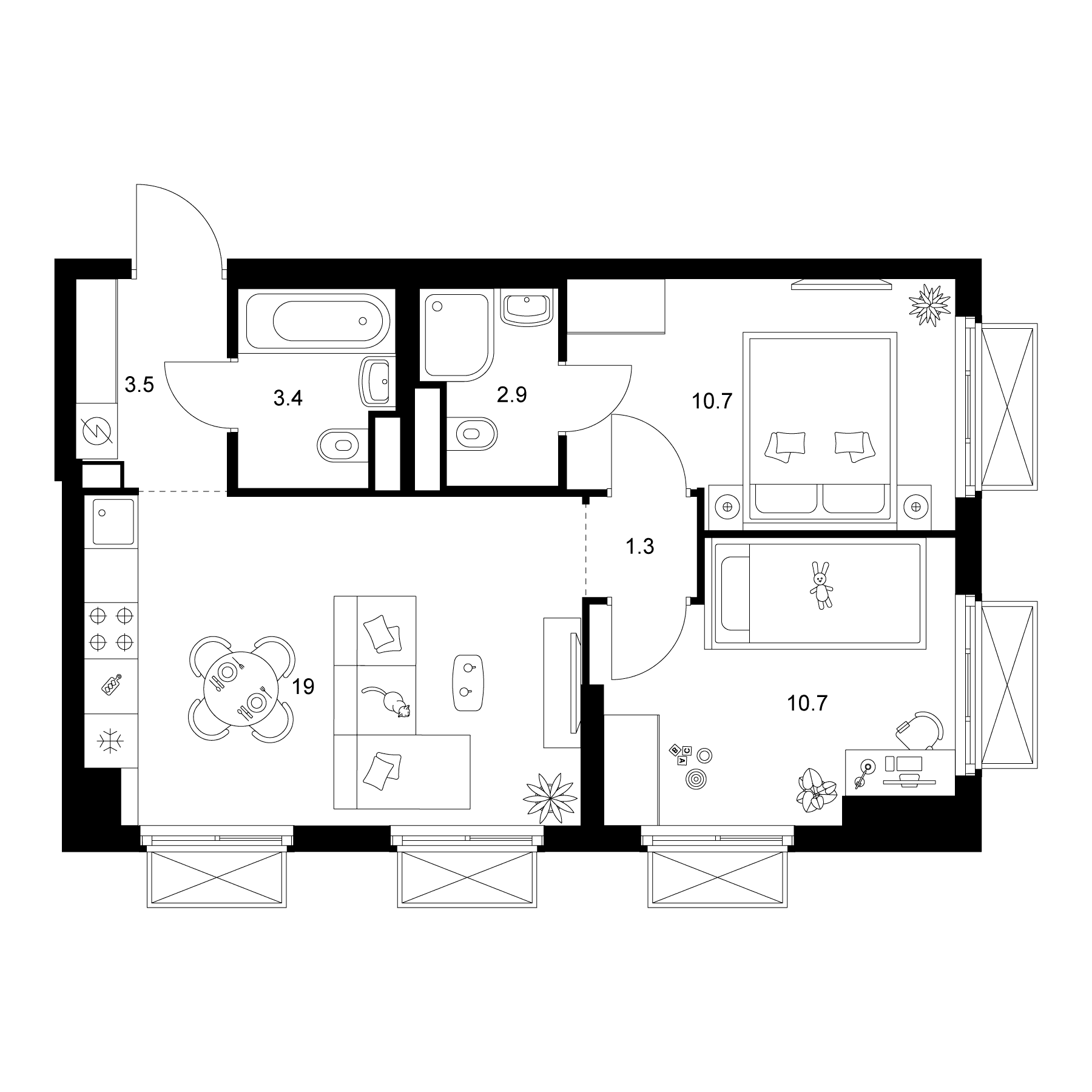 Планировка: 2-комнатная квартира 51,5 м² в ЖК «2-й Иртышский»