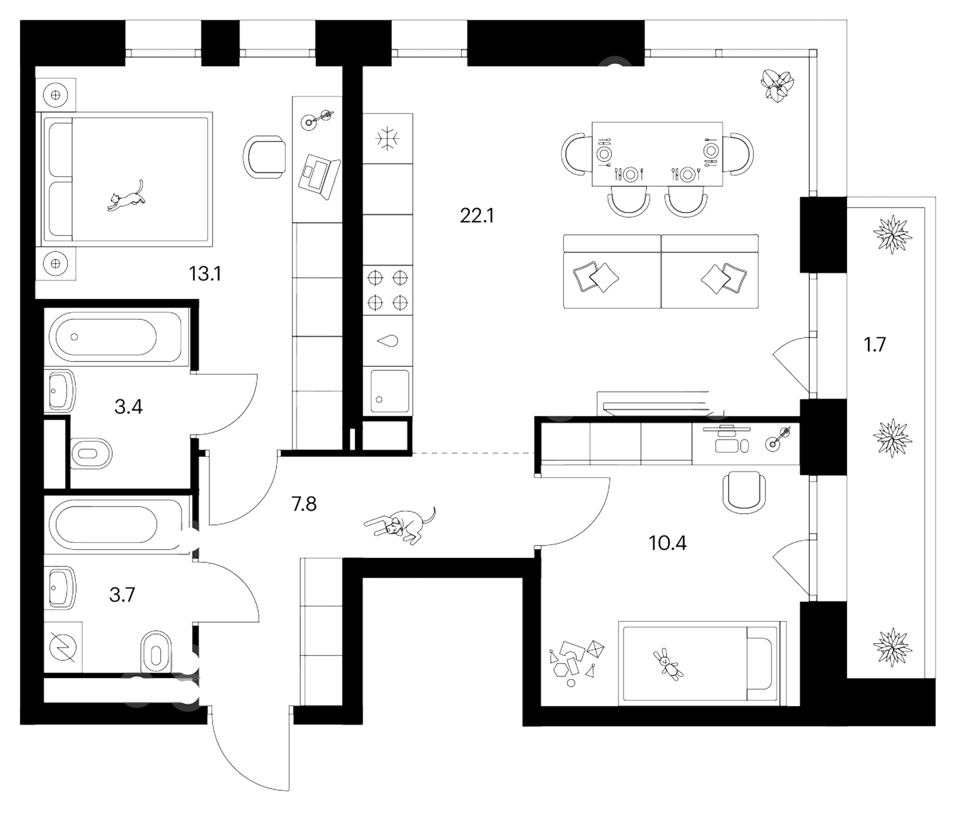 Планировка: 2-комнатная квартира 60,5 м² в ЖК «Строгино 360»